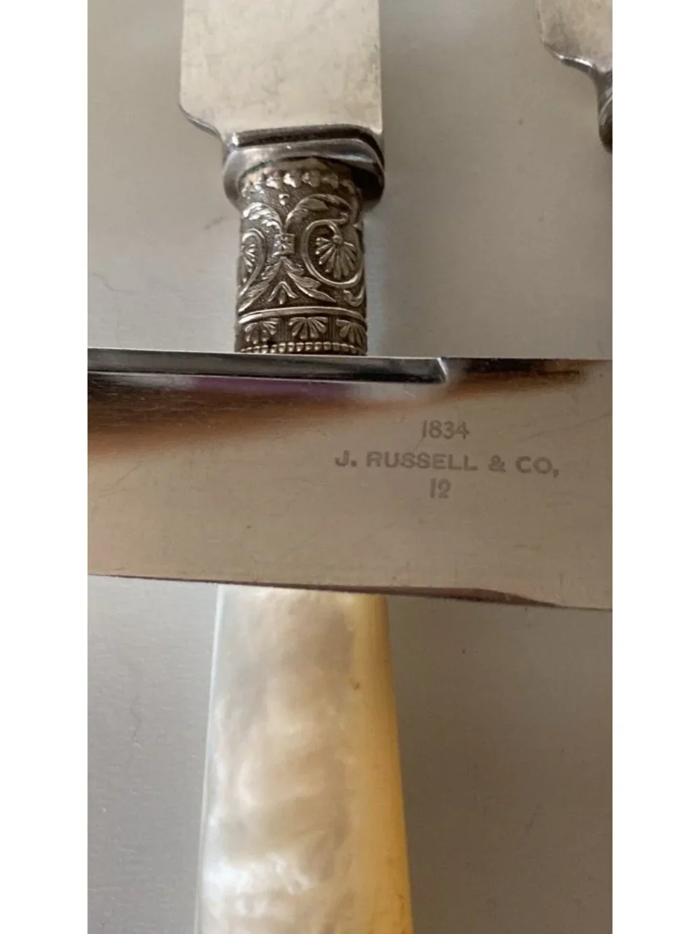 Set of 6 Antique J Russell & Co Mother of Pearl Handle Luncheon Knives 1834